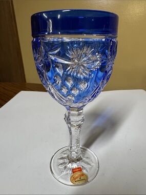 Anna Hutte Bleikristall cobalt blue water goblet in the Asti pattern 7.25” tall